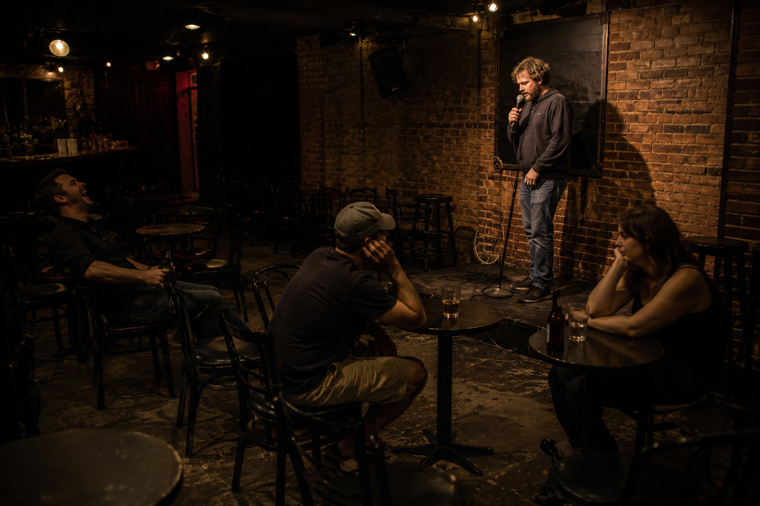 Half-empty open mic room with a comic bombing on stage