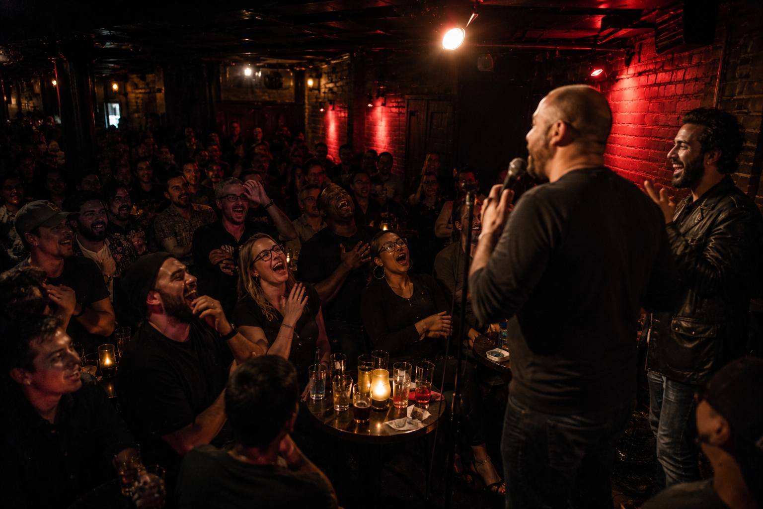 Packed roast battle crowd laughing inside a comedy club
