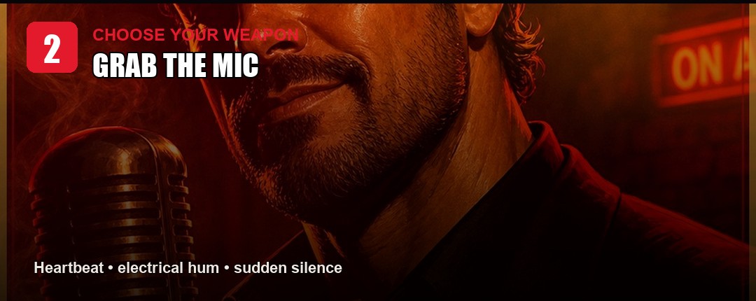 The mic is a weapon — Red Line comic gripping a vintage microphone under red club lighting